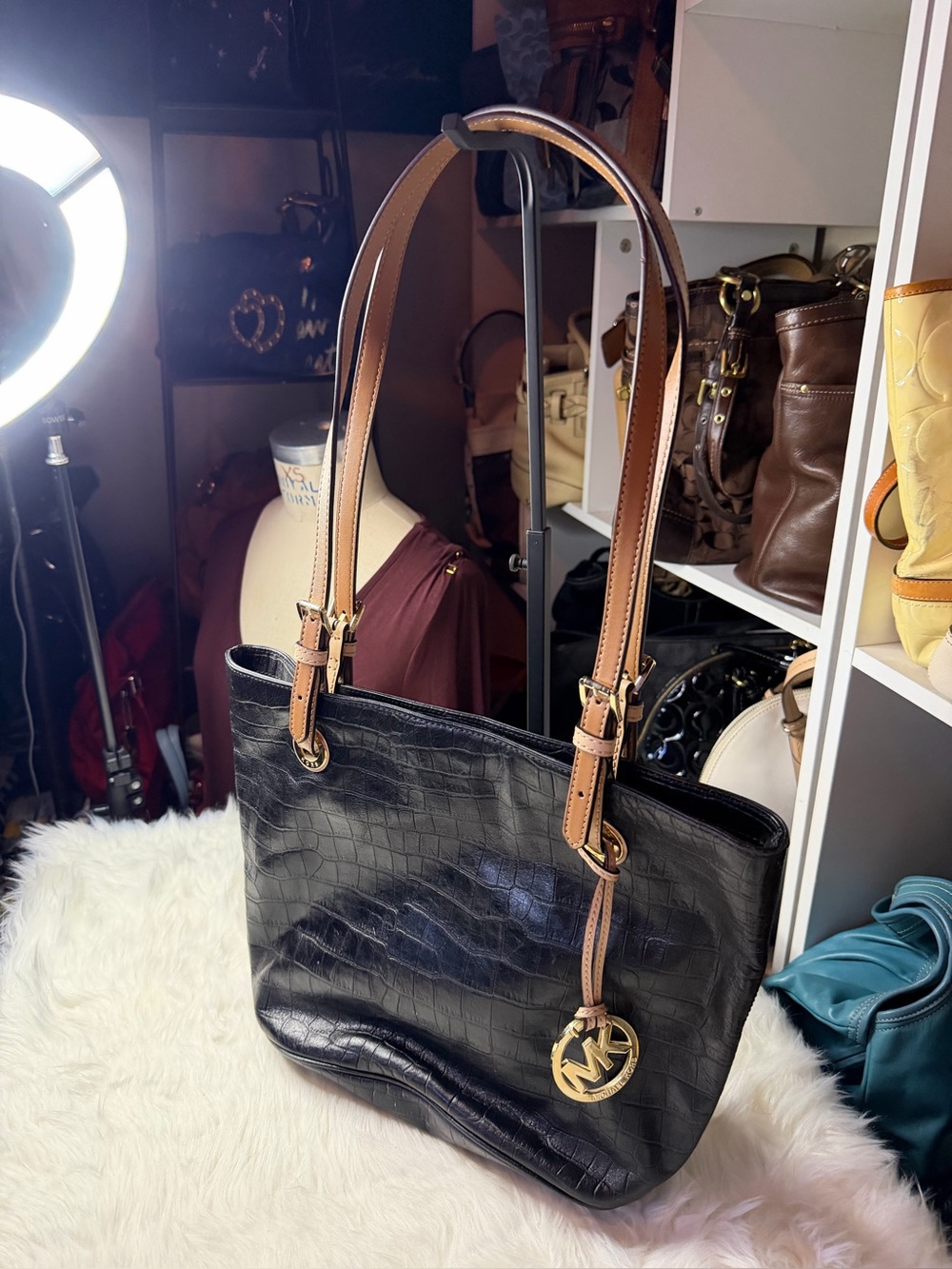 Michael Kors Black Croc-Embossed Shoulder Tote with Tan Straps